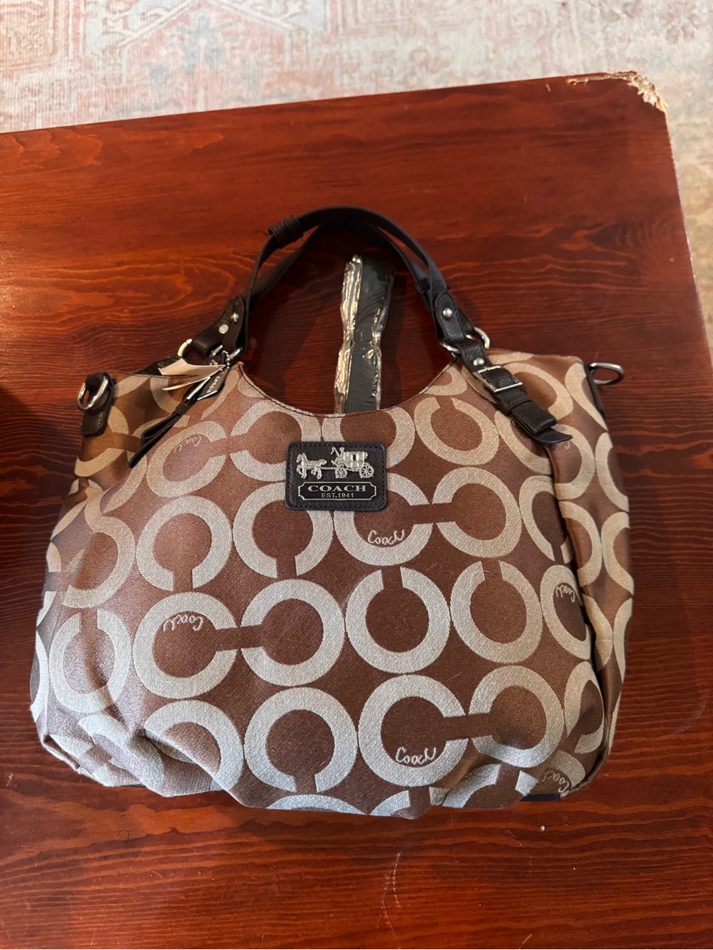 NWT Coach Brown and Cream Signature Circle Shoulder Bag with Dark Trim